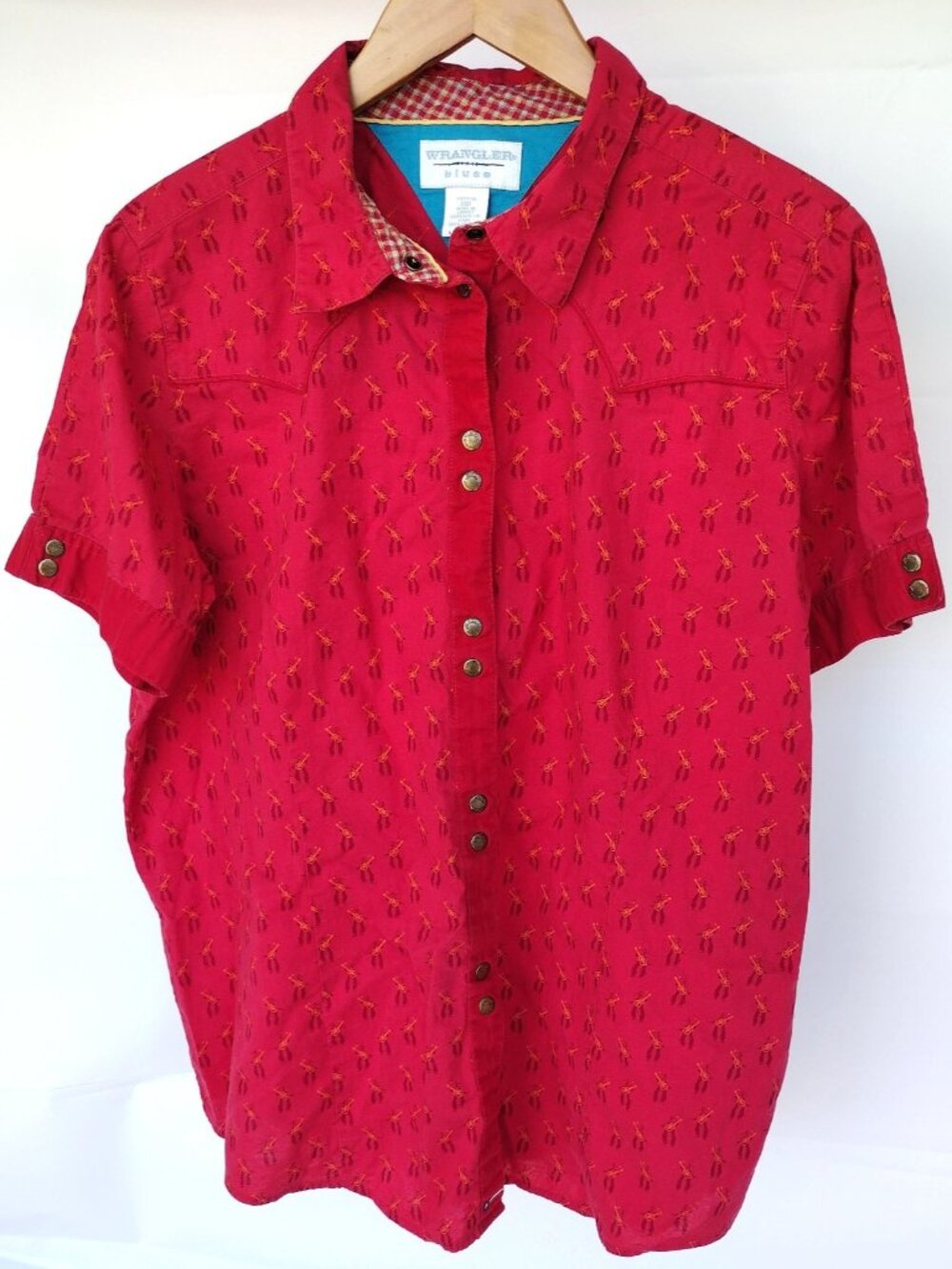 Wrangler Blues Women's Cotton Red Cowboy Pattern Western Shirt Short Sleeve XXL